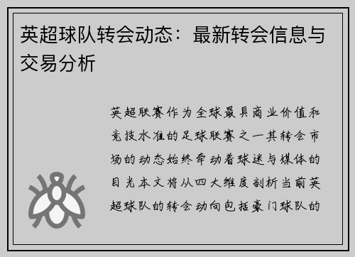 英超球队转会动态：最新转会信息与交易分析
