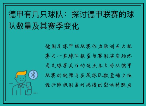 德甲有几只球队：探讨德甲联赛的球队数量及其赛季变化